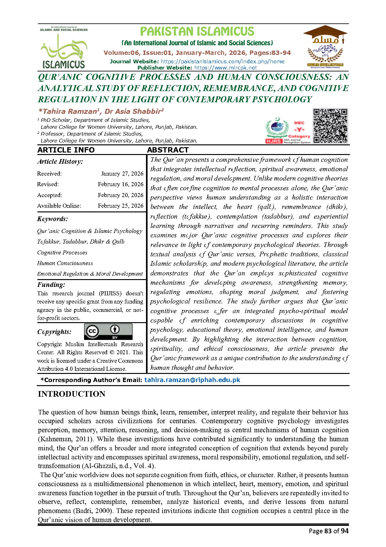 10 English Final PAKISTAN ISLAMICUS January March 2026 Vol 06 Issue 01 Citation Page