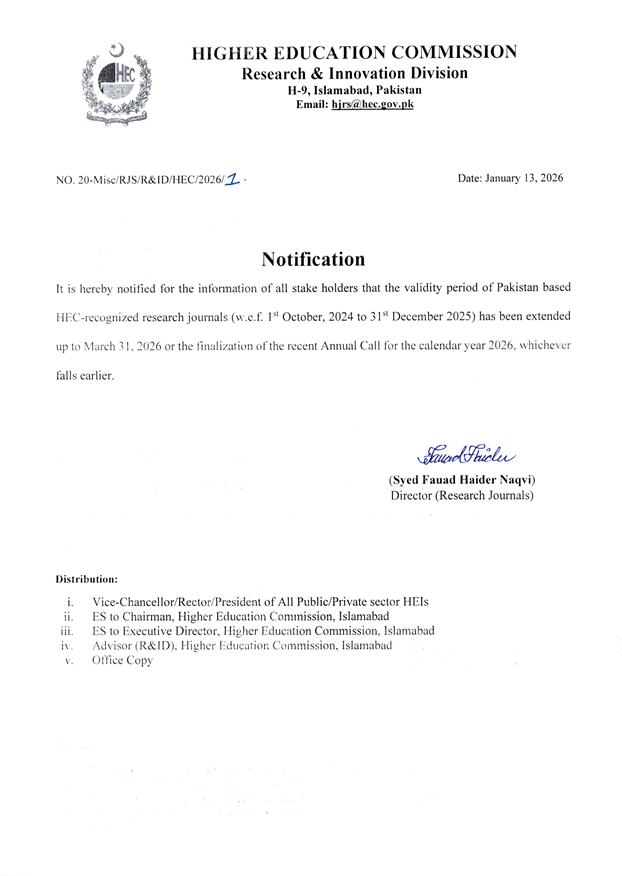Extension of Validity of HEC-Recognized Journals