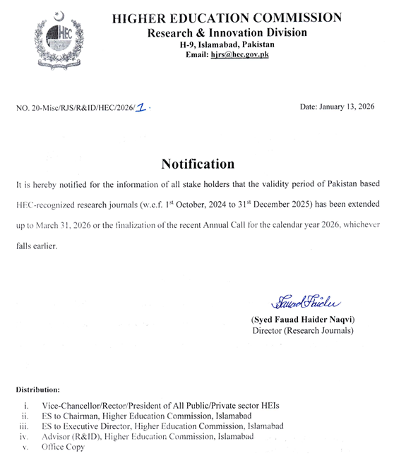Extension of Validity of HEC-Recognized Journals